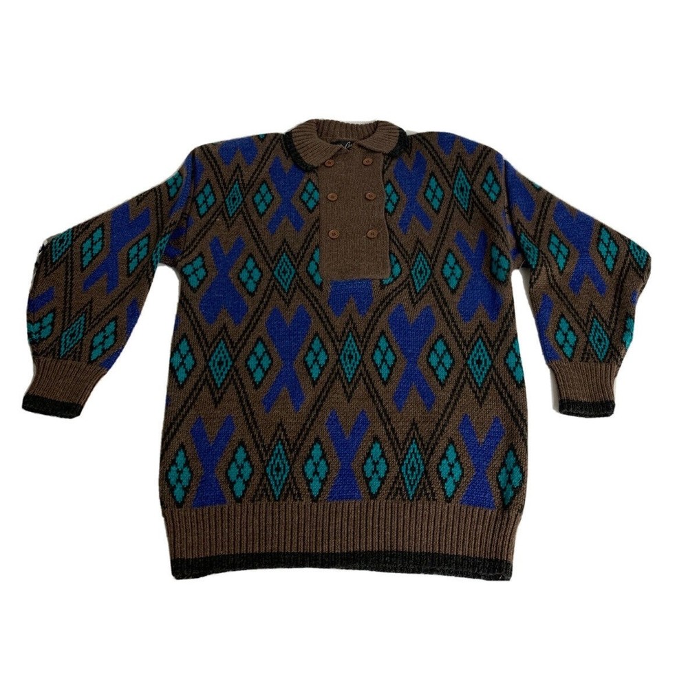 Vintage 1980s Oleg Cassini Argyle Diamond Oversize Knit Sweater Size Medium